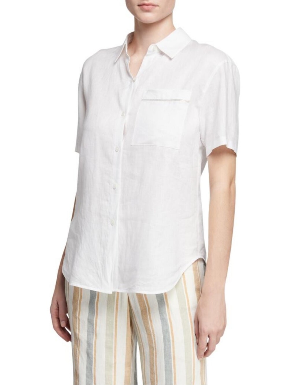 Lafayette Linen Off White Cream Short Sleeve Button Front Shirt Metallic Detail